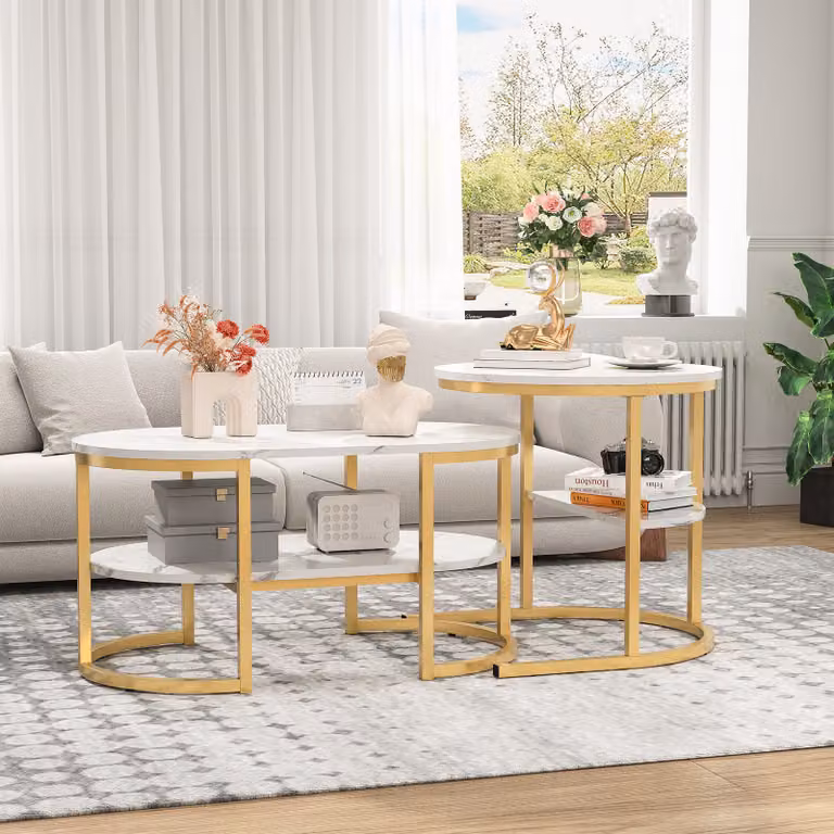 UnboxG 2in1 tavolino rotondo set di 2, tavolino in marmo artificiale con struttura in metallo dorato, tavolino rotondo, tavolino da salotto moderno, tavolini da salotto per camera da letto