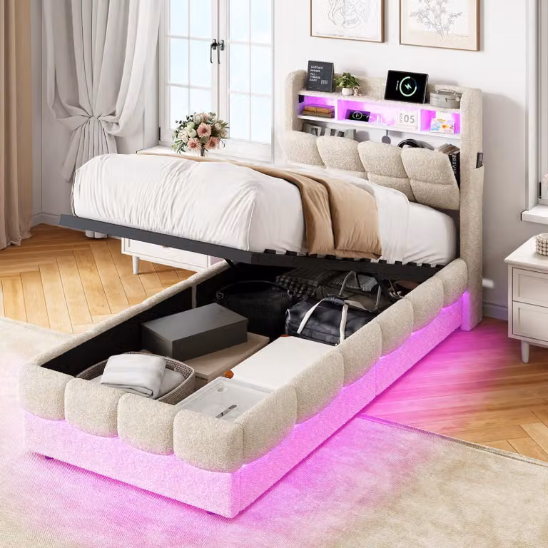 Letto a molle con contenitore INONEFT, 90 x 200 cm, con sistema di sollevamento idraulico e spazio contenitore, letto imbottito a una piazza con USB e LED, letto per ragazzi, rivestito in pile, colore beige