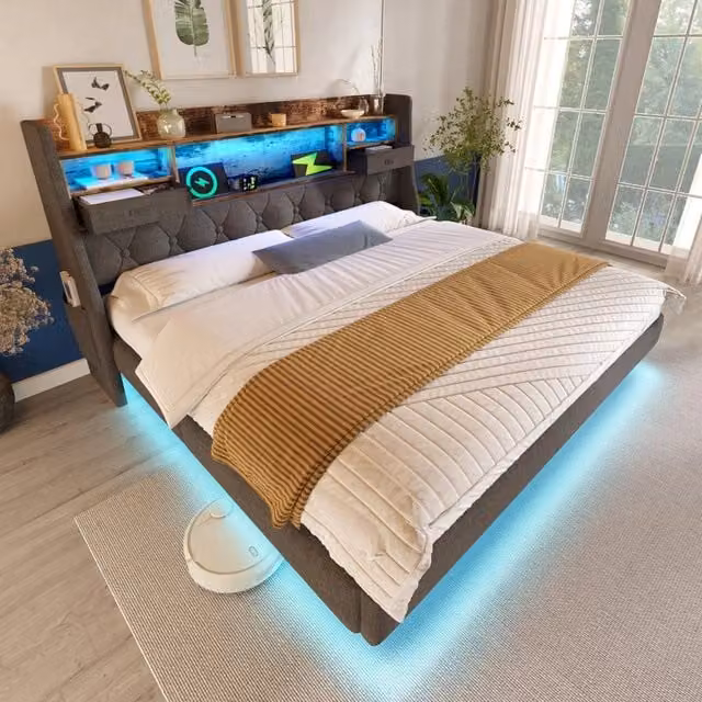Letto matrimoniale 160 × 200 cm con LED, 3 USB e Type-C, ripiani e tasche, senza materasso, lino grigio