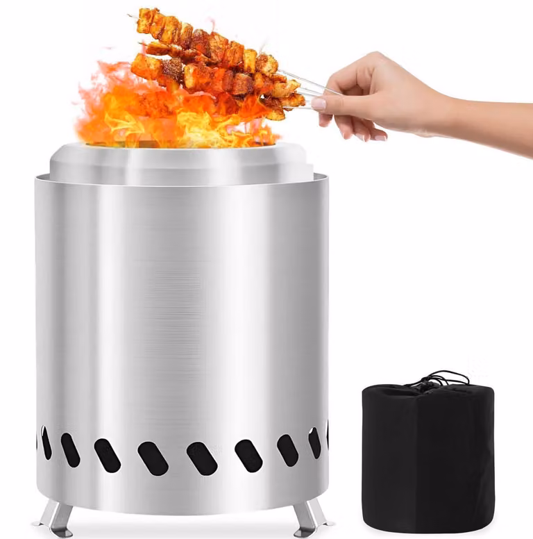 Bollitore da esterno in acciaio inossidabile, senza fumo, con custodia per il trasporto. Portatile, ideale per bruciare pellet e legna, perfetto come camino da tavolo per l'uso all'aperto