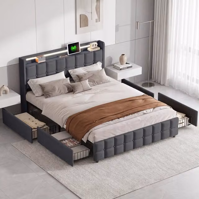 Letto matrimoniale 160x200 cm con contenitore 4 cassetti LED testiera imbottita rete a doghe in lino e metallo - grigio
