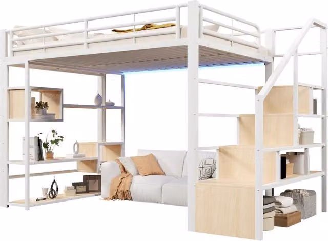 Letto a soppalco 140x200 cm in metallo e MDF con scala contenitore; protezioni e LED multicolore; bianco