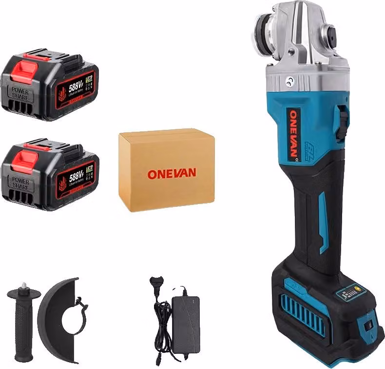 Smerigliatrice angolare, motore brushless, regolazione continua della velocità, 2 batterie, spina UE