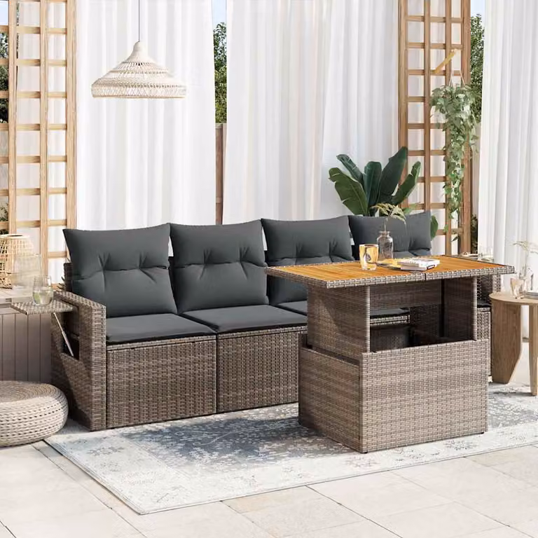 Set Divano da Giardino vidaXL 5 Pezzi in Polyrattan Grigio con Cuscini e Tavolino da Esterno a Forma di L