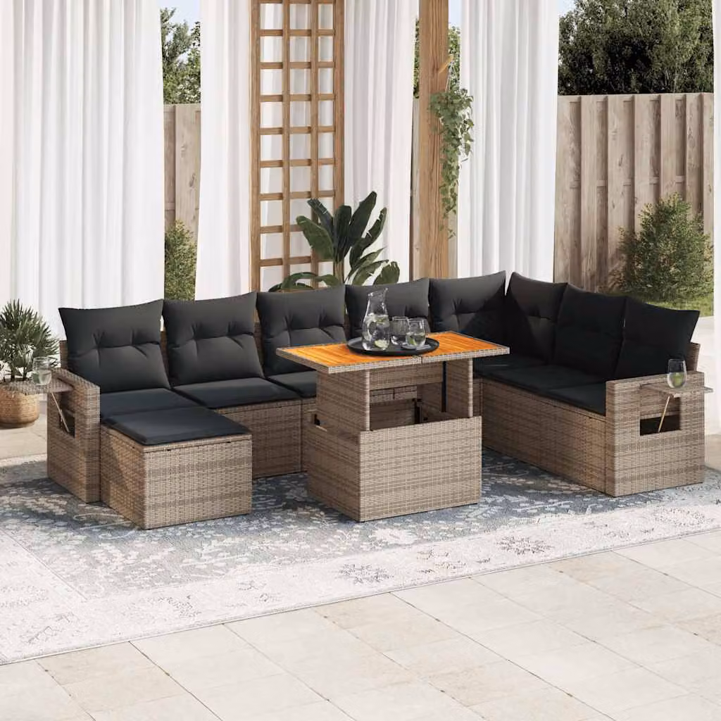Set Divano da Giardino vidaXL 9 Pezzi a Forma di L in Polyrattan Grigio con Cuscini, Tavolino e Ottoman