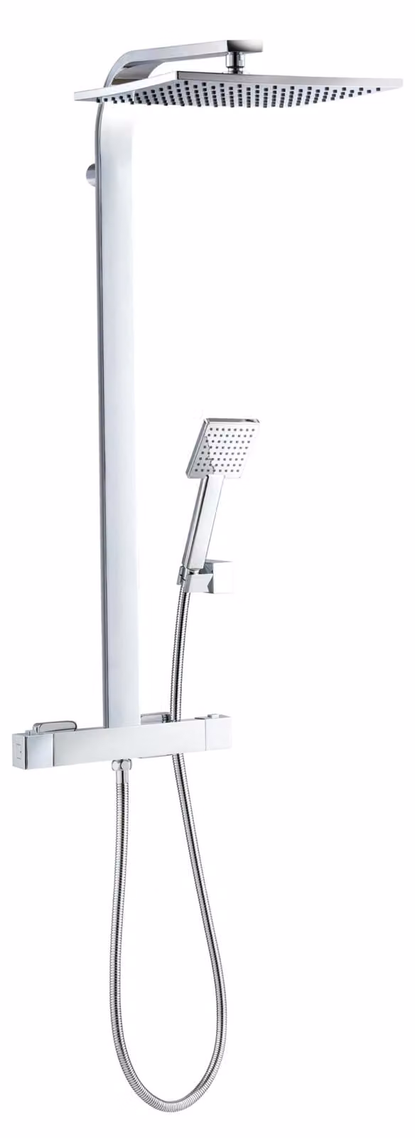 Sistema doccia con termostato, soffione quadrato 30x30 cm, doccetta manuale, finitura cromata