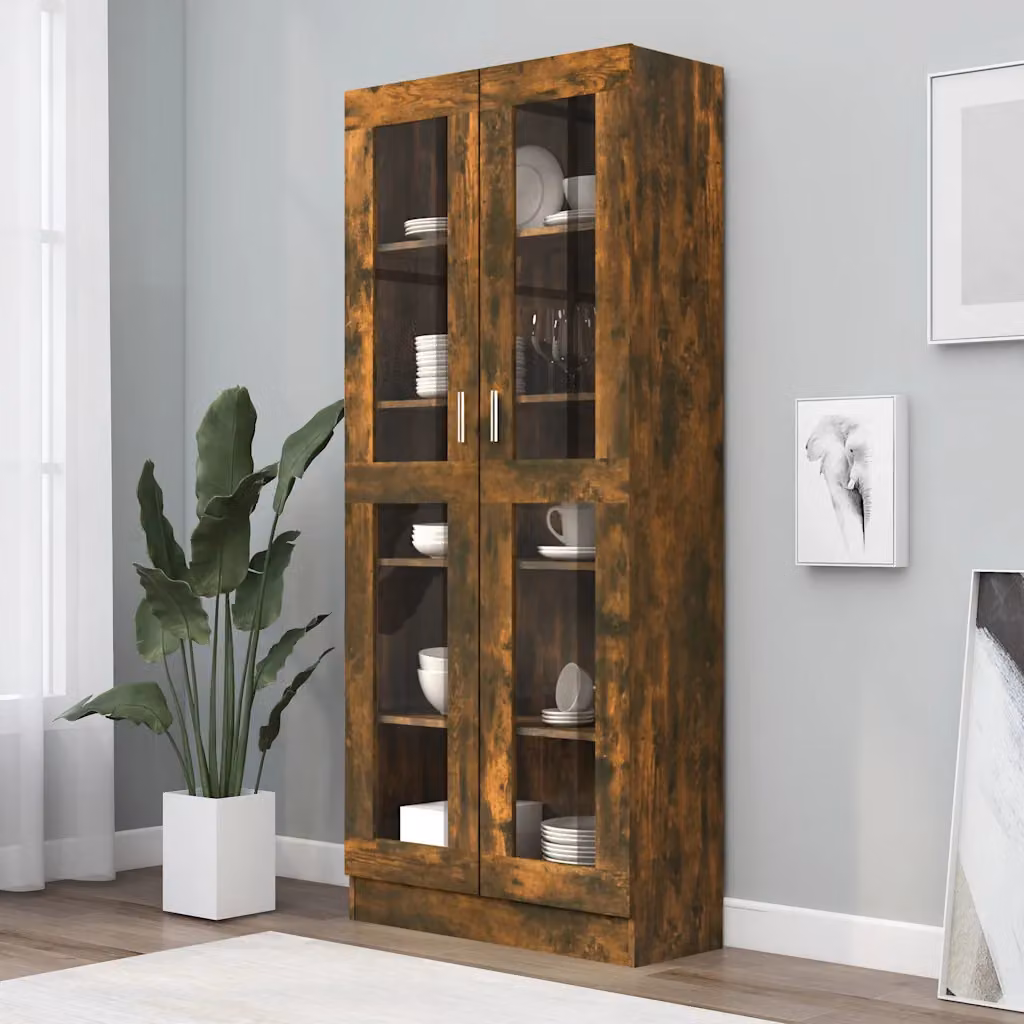 Vetrina Mobile vidaXL in Rovere Fumo con Ante in Vetro e Ripiani Interni, L 82,5 x P 30,5 x H 185 cm – 1