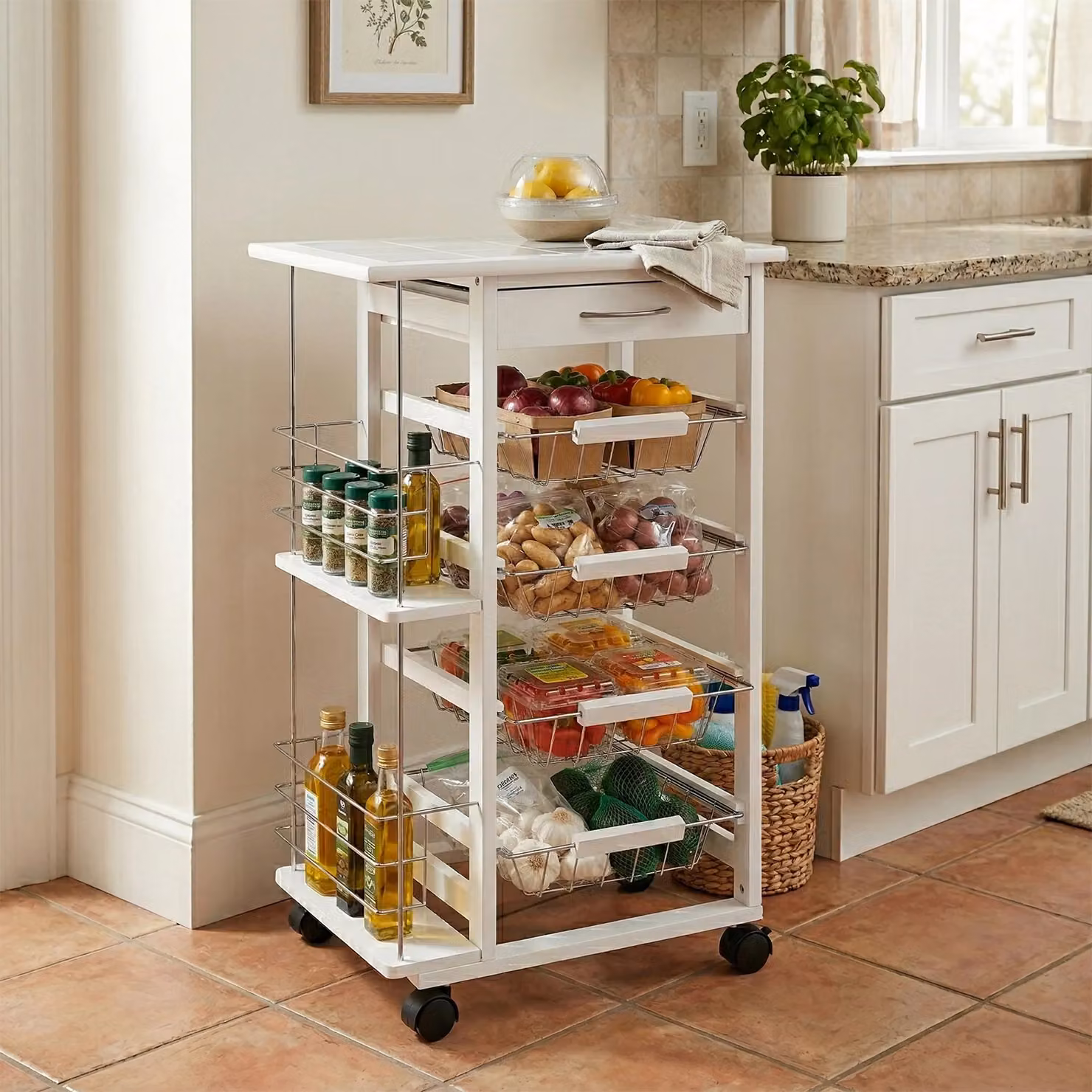 Carrello da cucina Wood Cart White Vestiamo Casa con cassetto e cestelli, colore bianco, H 84 x L 47 x P 37 cm – 2