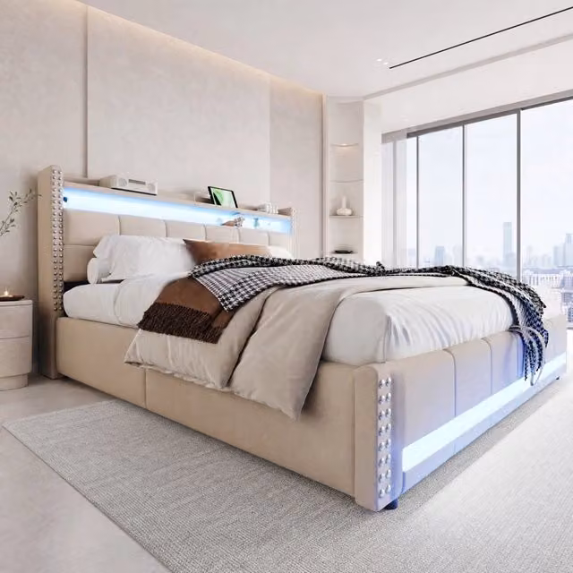 Letto matrimoniale MODFU imbottito in tessuto beige con contenitore, illuminazione LED, porte USB e mensola integrata, L/P: 180 x 200 cm