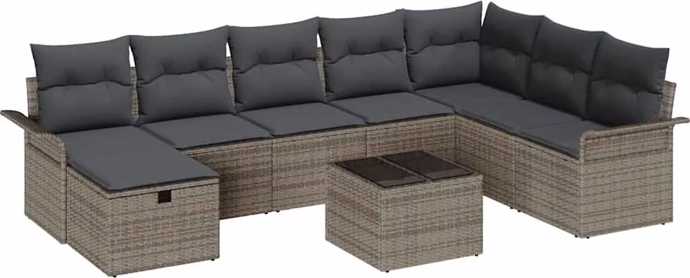 Set Divano da Giardino con cuscino 9 pcs Grigio Poly Rattan