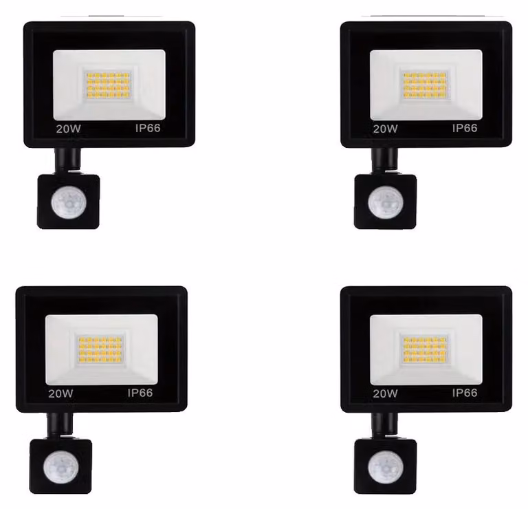 Sensore di movimento per fari, impermeabile, con area di rilevamento regolabile, 20W, confezione da 4, luce calda