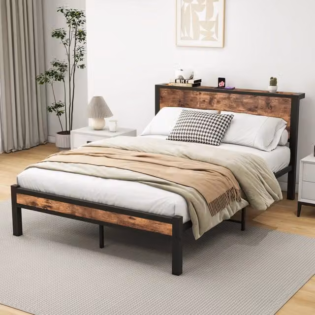 Struttura letto 140 × 200 cm con testiera e pediera in MDF; 13 doghe metalliche; marrone antico