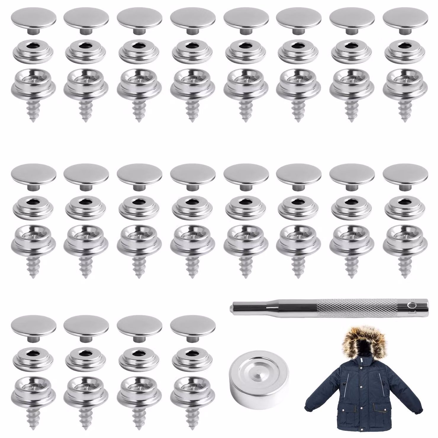 Set di 62 bottoni a pressione in acciaio inossidabile, diametro 10 mm, completo di strumento