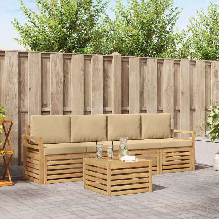 Set di divani da esterno vidaXL 5 pezzi in legno di acacia con tavolino e cuscini, Bianco e Beige