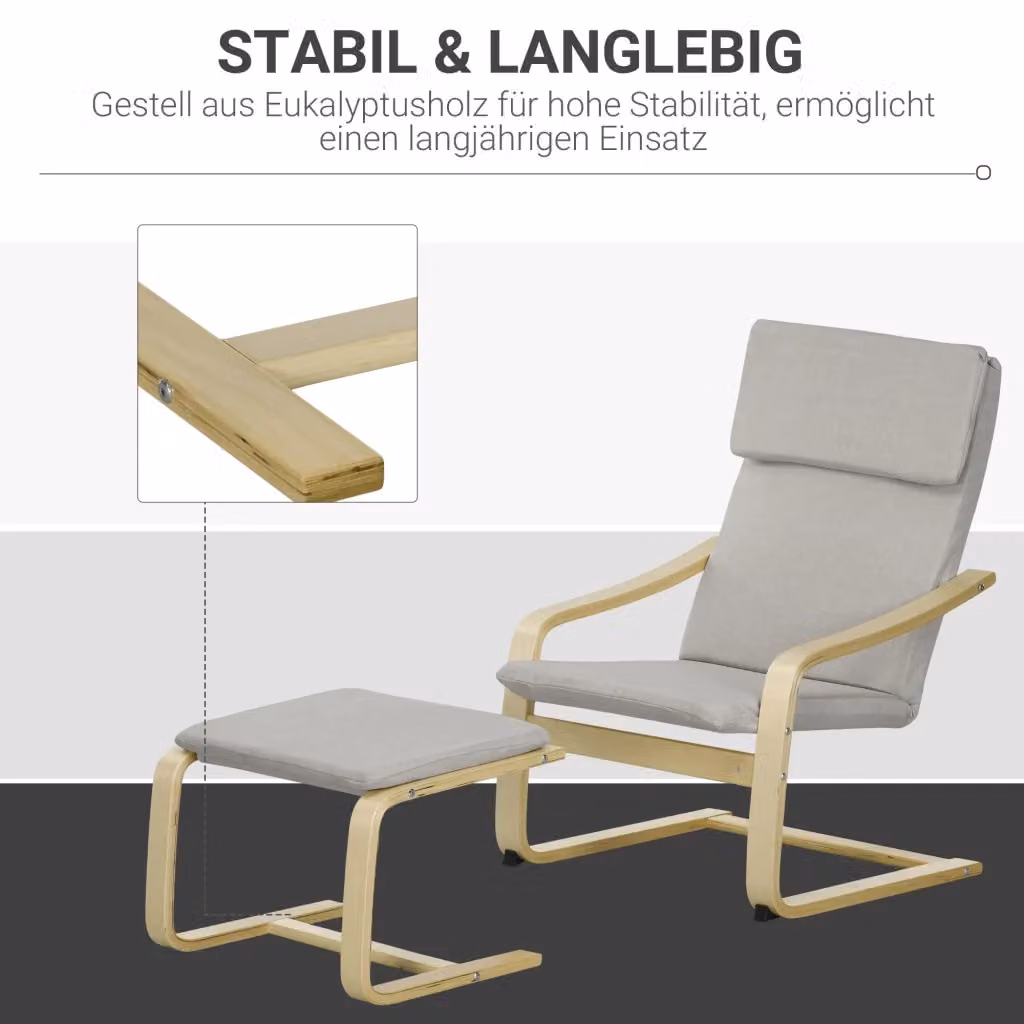 Set da 2 pezzi di poltrone lounge REDOM con poggiapiedi in lino grigio chiaro e struttura in legno massiccio, L/P/H: 66,5 x 80 x 99 cm – 2