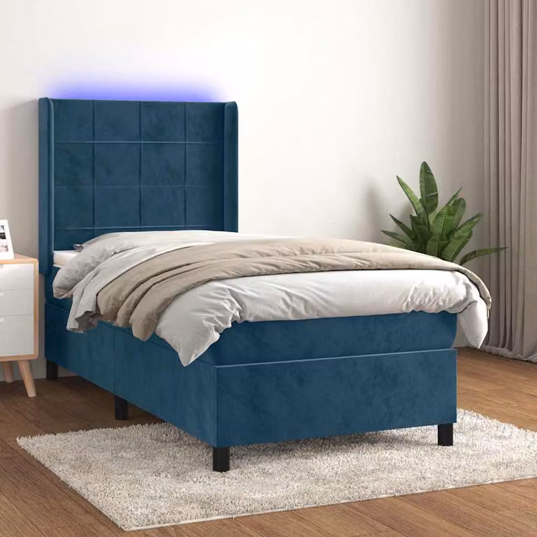 Letto Ibrido con Materasso a Molle Insacchettate e Illuminazione LED Sotto il Letto vidaXL in Velluto Blu, L/P: 90 x 190 cm