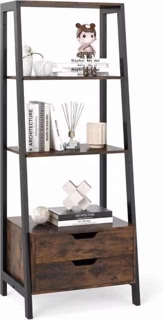 Libreria a scala moderna DESIGN IN con 4 ripiani aperti e 2 cassetti, struttura autoportante in legno e metallo, Marrone, Altezza: 134 cm – 1