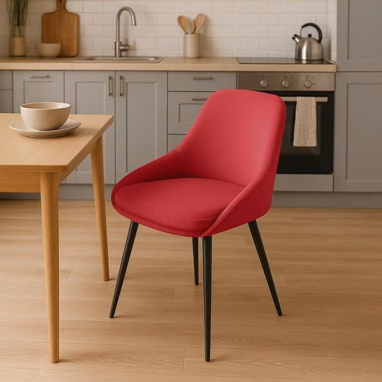 Sedia da pranzo, sedia da sala da pranzo, ampio comfort, struttura in metallo - rivestimento in velluto | Colore: rosso | Materiale del telaio: metallo nero opaco