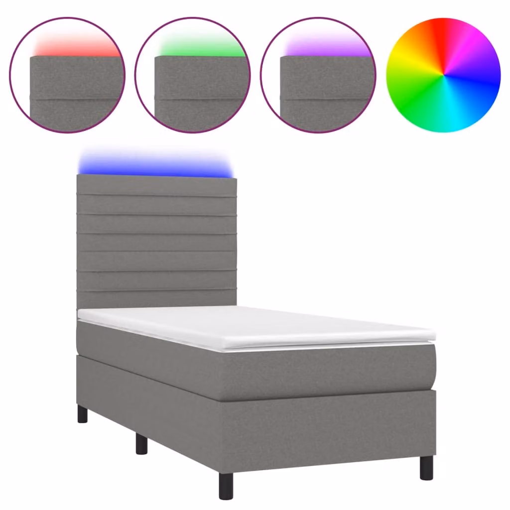 Letto a Molle Materasso e LED Grigio Scuro 90x190 cm in Tessuto