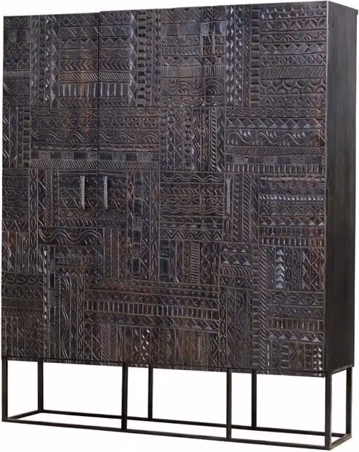 Armadio etnico a 3 ante in legno di mango con dettagli in metallo, marrone e nero, L: 120 cm, P: 40 cm, H: 135 cm