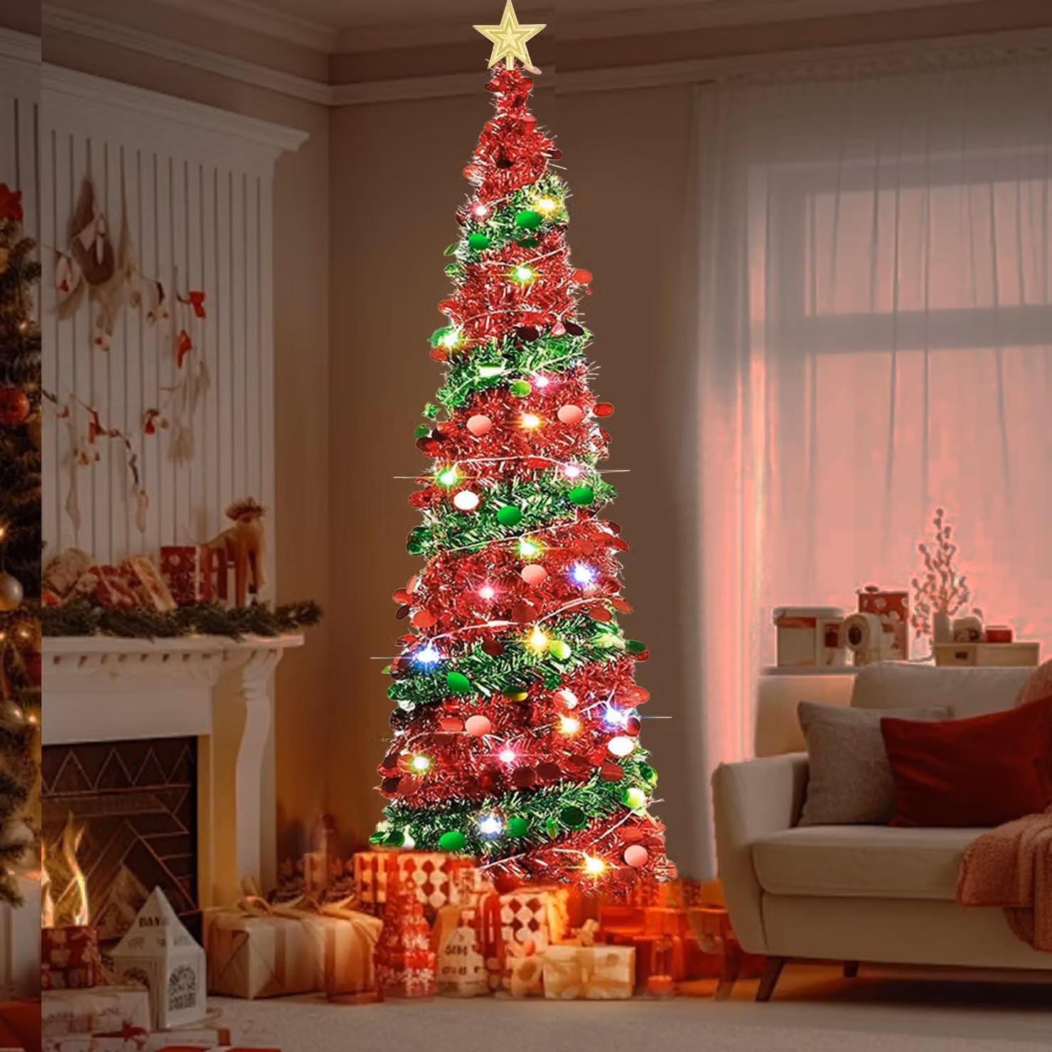 Albero di Natale artificiale pieghevole, altezza 150 cm, completo di decorazioni