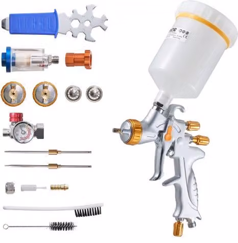 Pistola a spruzzo pneumatica HVLP VEVOR color argento con serbatoio da 600 ml e 3 ugelli da 1,3/1,4/1,7 mm in acciaio inossidabile per verniciatura professionale