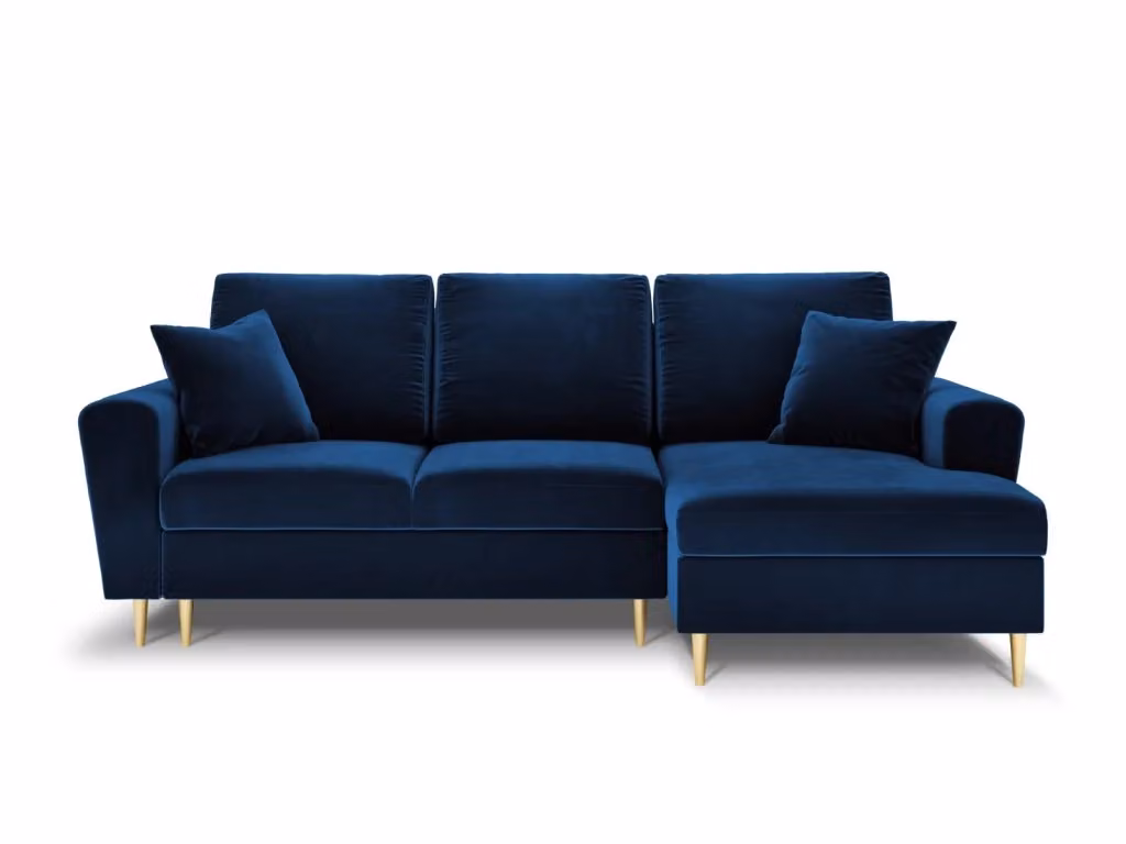 Divano convertibile angolare destro con contenitore Kyoto di Cosmopolitan Design, 4 posti in velluto blu e oro, L: 241 cm, P: 145 cm, H: 88 cm – 2