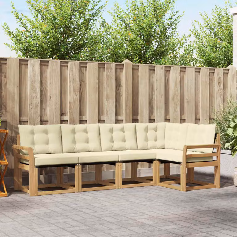 Set di divani da esterno a L vidaXL in legno di acacia con cuscini, Bianco, Beige e Marrone