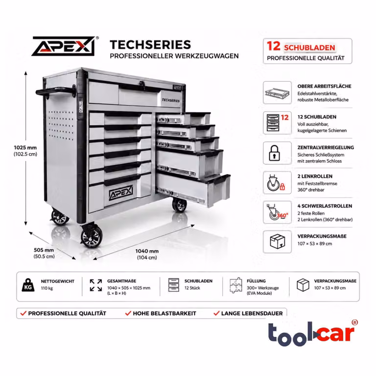 Carrello attrezzi Toolcar APEX Jumbo Pro 12, color argento, completo di utensili