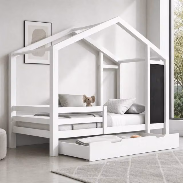 Letto a casetta per bambini in legno e MDF bianco con cassetti, L/P/H: 207.5 x 90 x 120 cm