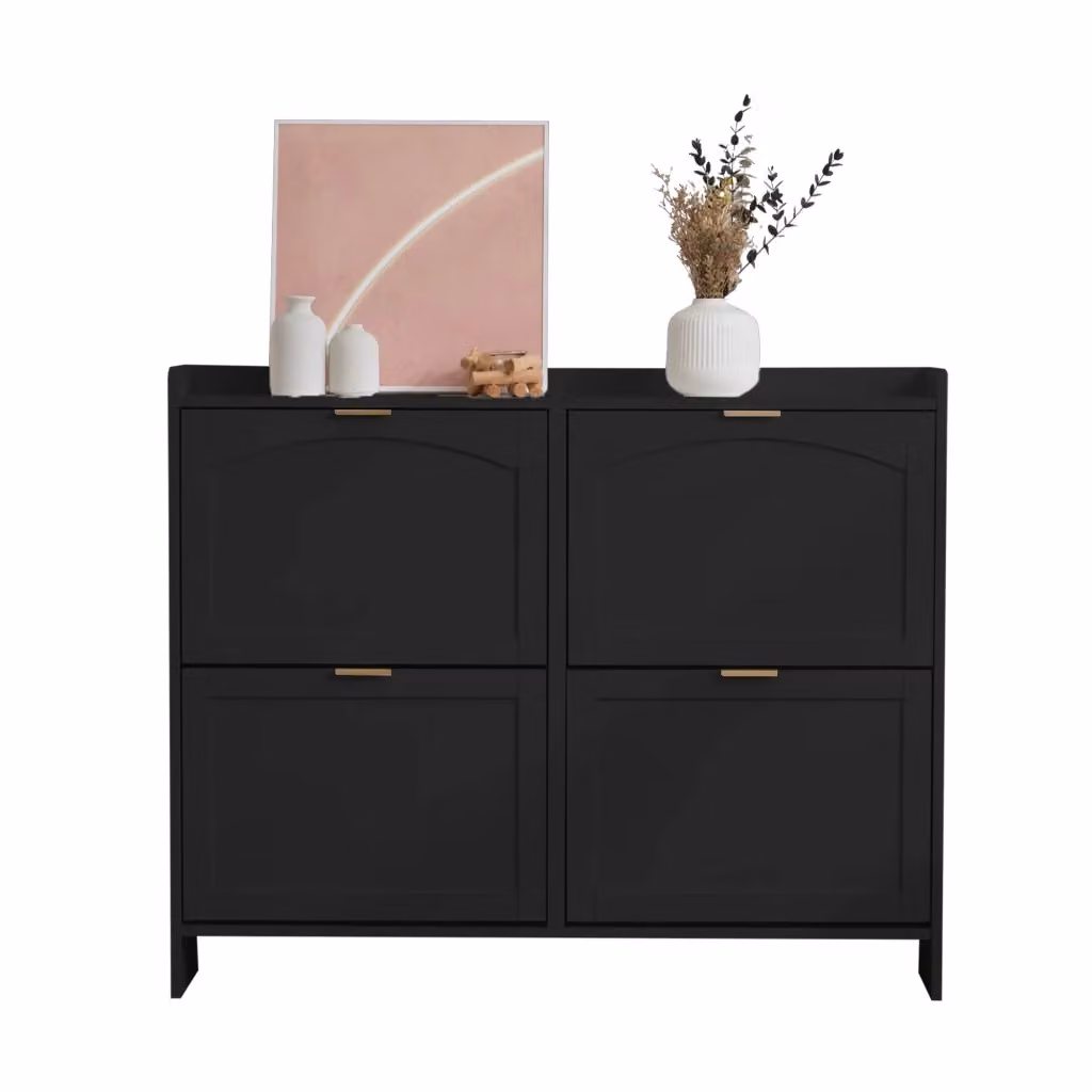 Scarpiera moderna per ingresso con 4 ante a ribalta e vano aperto, finitura nera opaca, L 110 cm x P 24 cm x H 90 cm – 2