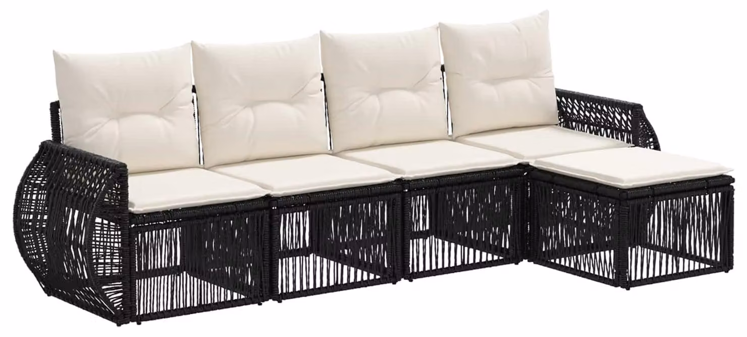 Set da giardino composto da 5 pezzi, in rattan sintetico nero e crema