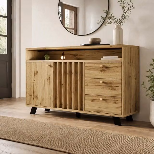 Credenza con 3 cassetti e 2 ante; 120x40x85 cm; effetto rovere scuro con frontale a lamelle