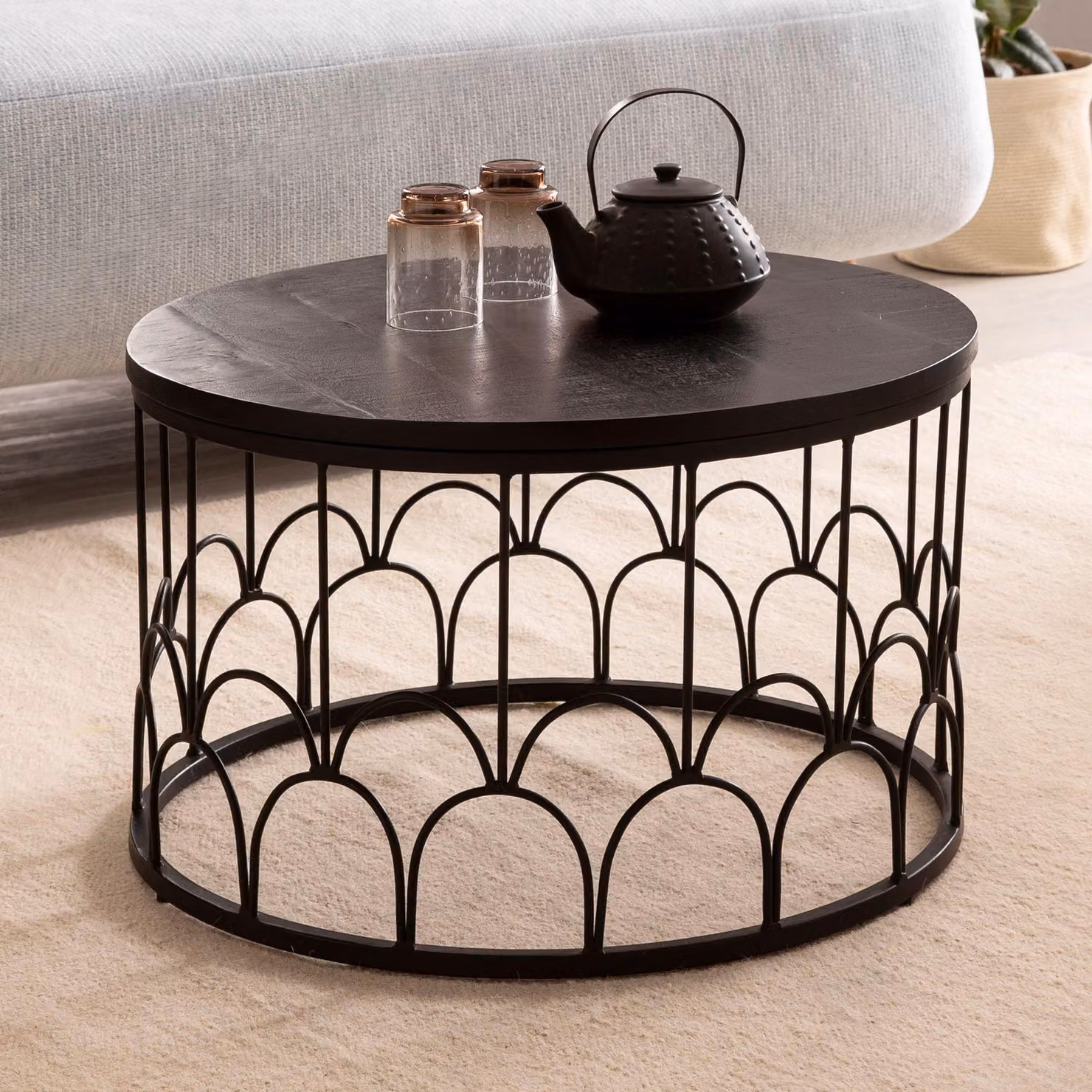 FineBuy Tavolino da caffè in legno massiccio di mango rotondo Ø 60 cm nero - Tavolo da soggiorno con struttura in metallo - Tavolo da divano fatto a mano dal design industriale art déco