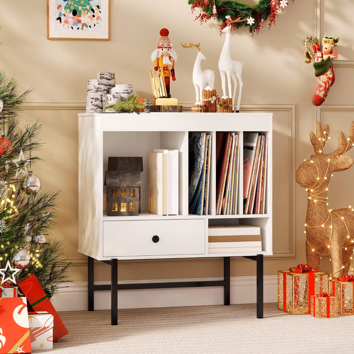Mobile porta vinili Costway in stile mid-century con scomparti aperti e supporto per giradischi, Bianco