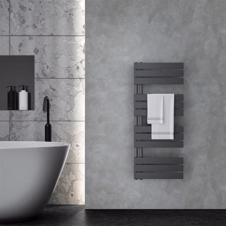 VILSTEIN radiatore elettrico per bagno, radiatore per asciugamani aperto lateralmente, asciugatore per bagno, radiatore a parete, scaldasalviette per bagno, radiatore per asciugamani, nero, 120x50 cm