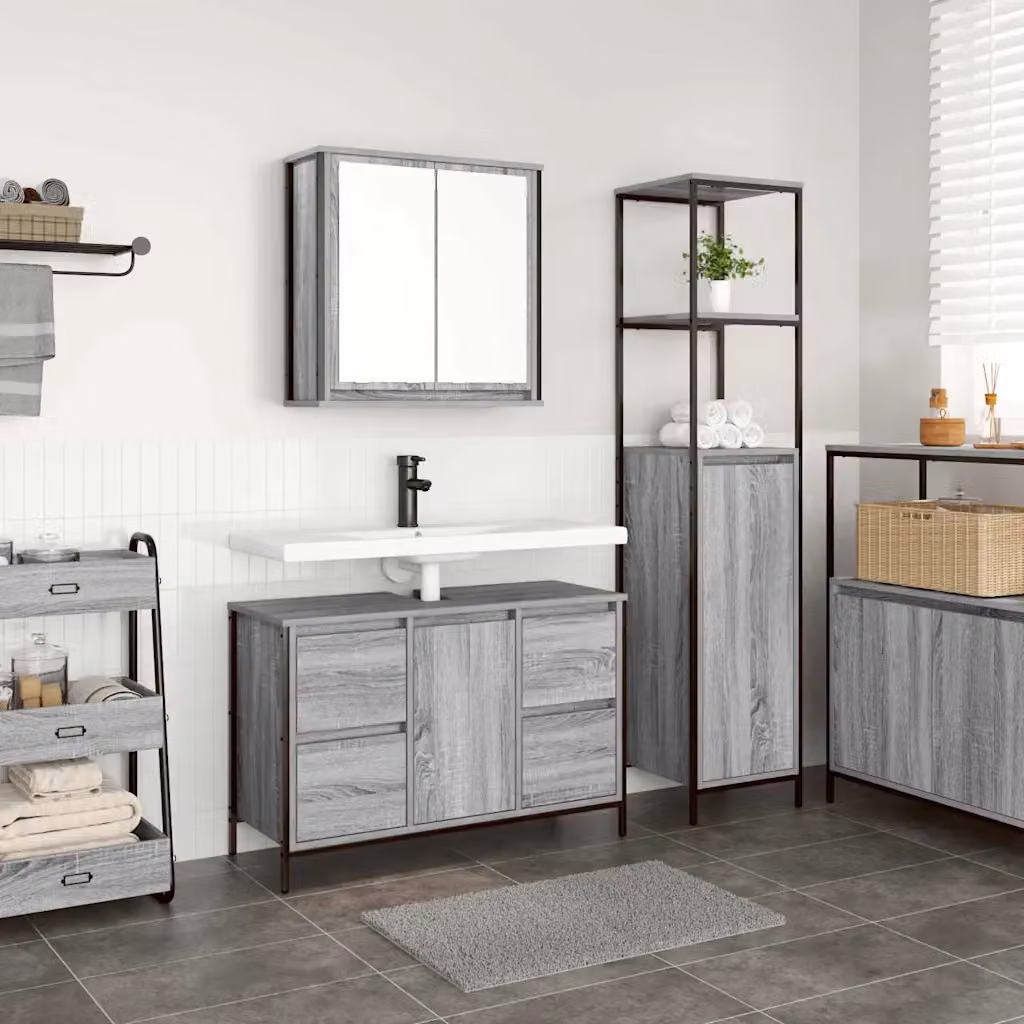 vidaXL Set di mobili per il bagno moderno a 2 pezzi in MDF e metallo, Grigio e Nero, L/P/H: 165 x 44,1 x 36 cm