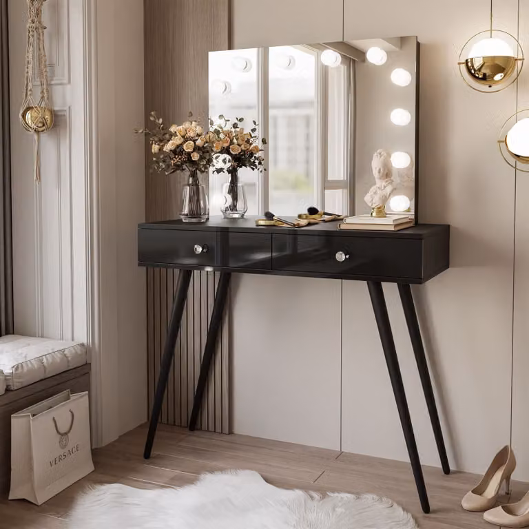 SIENNA LOFT ELITE Trolley da trucco con specchio, nero / nero lucido, maniglia - cristallo bianco