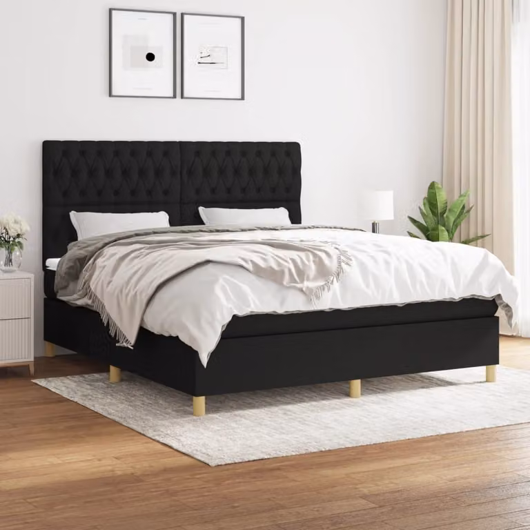 The Living Store Letto a molle con materasso nero 180x200 cm in tessuto