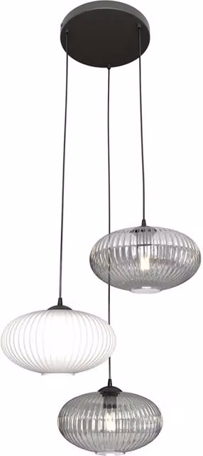 Lampadario a sospensione Luceart-Classic con 3 luci, base tonda in acciaio nero e paralumi plissé multicolor in tessuto – 1