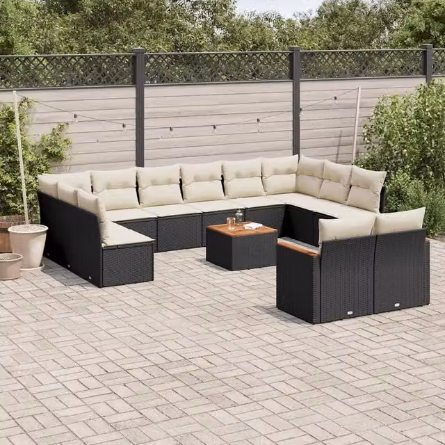 Set di Divani da Giardino VIDAXL a Forma di U in Polyrattan Nero con Cuscini, 13 Pezzi