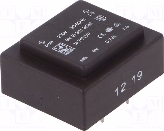 1 trasformatore: rivestito, 9V, 230VAC, 78mA, 0,7VA. Montaggio: BV EI 301 3586 - Trasformatore