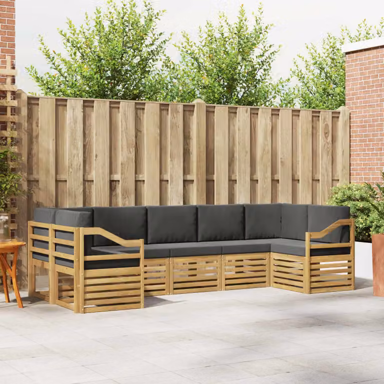 Set di divani da esterno vidaXL 7 pz in legno di acacia con cuscini Bianco, Antracite e Marrone