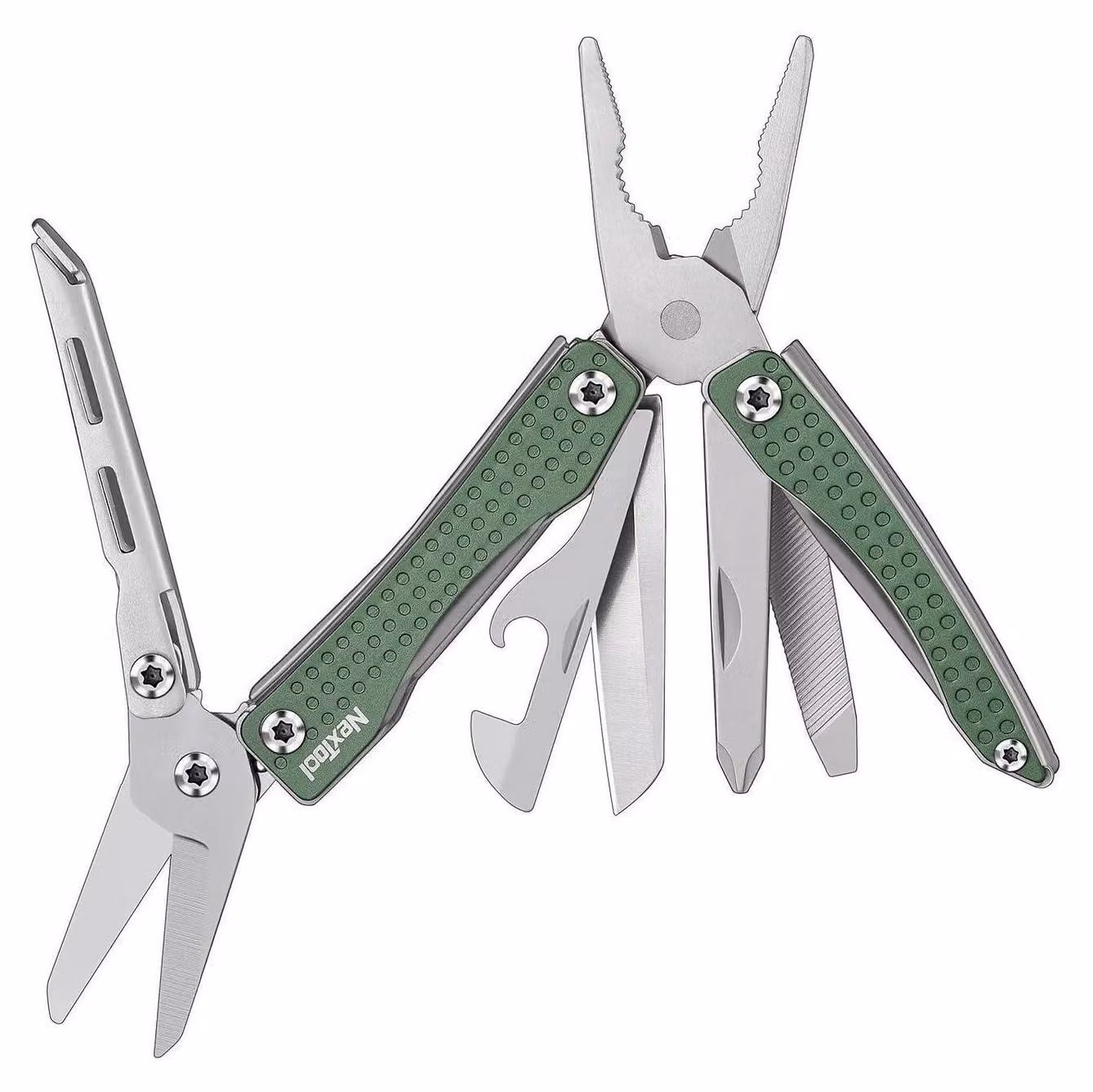 Strumento multifunzione 10 in 1, pieghevole, di colore verde, con pinza, forbici, cacciavite e apriscatole, ideale per il campeggio