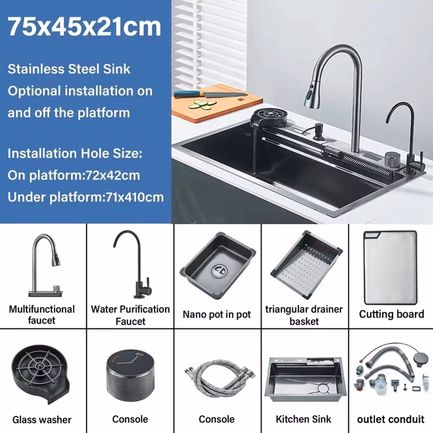 Lavello da cucina a cascata - Lavello a vasca singola - Paraspruzzi frontale - 75x46 cm - Acciaio inossidabile 304 - Con rubinetto - Grigio