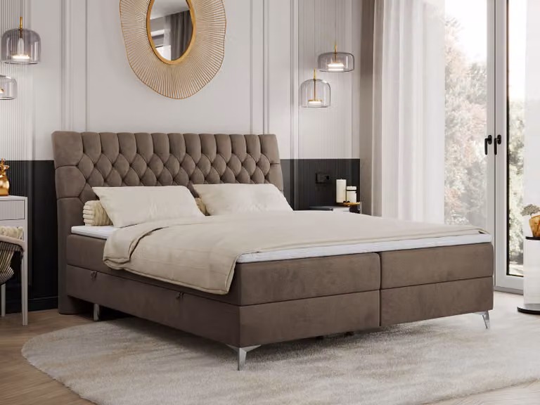 Letto boxspring 200x200 con 2 cassetti, materasso e topper, letto imbottito 200x200, letto 200x200 - MILEN - 200x200 cm - Marrone - Velluto - H3