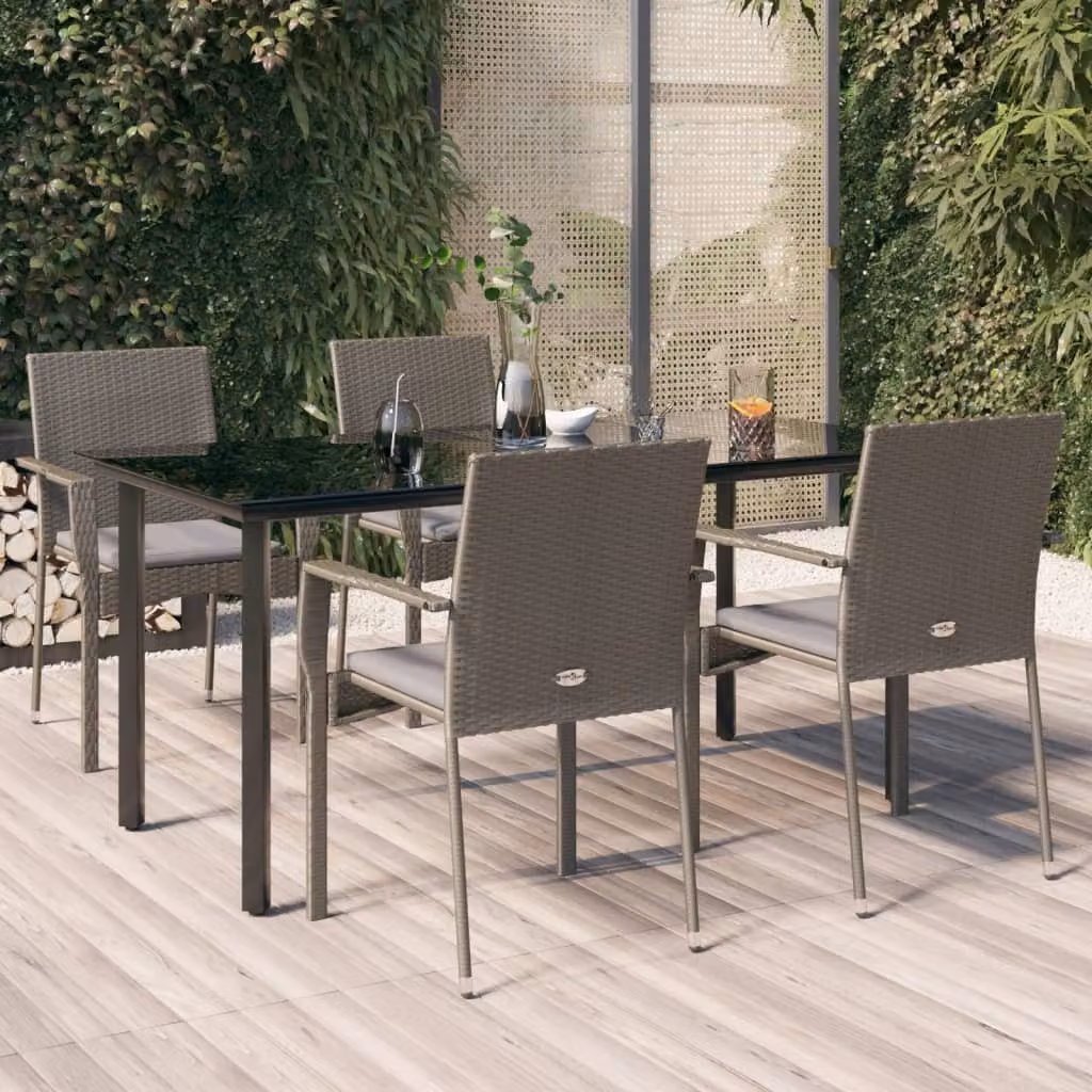 Set da pranzo da giardino vidaXL in polyrattan con tavolo in vetro e 5 sedie, Nero e Grigio
