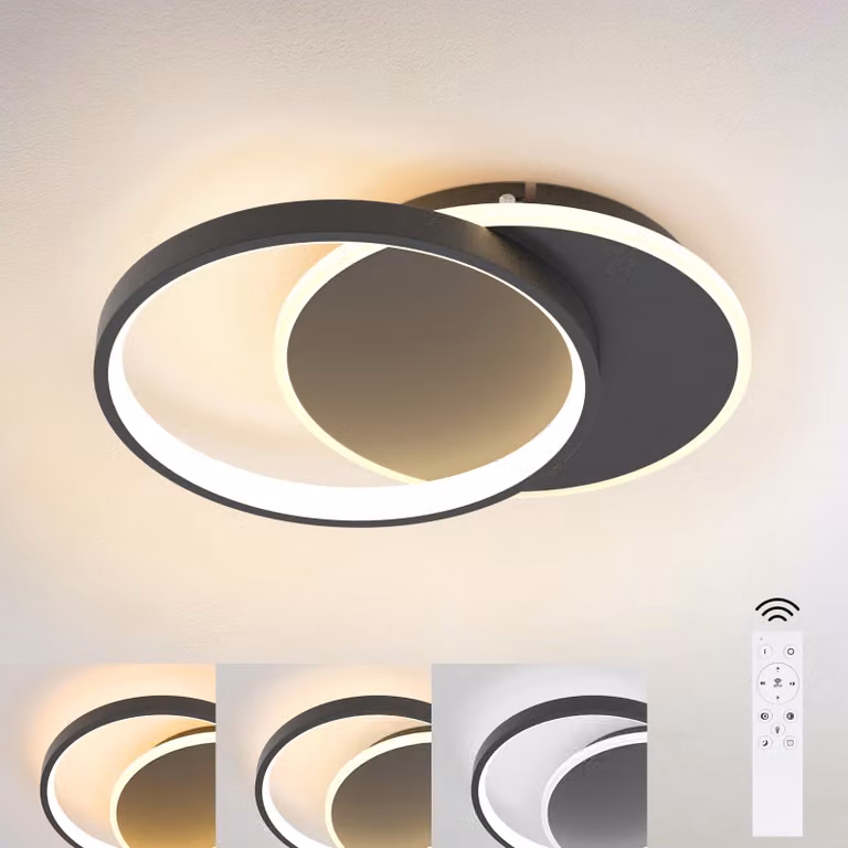 ZMH LED Plafoniera Dimmerabile con telecomando Lampada da soffitto nera 35W Moderna piatta con 2 anelli rotondi per soggiorno Camera da letto Cucina Camera da letto CorridoioSala da pranzo