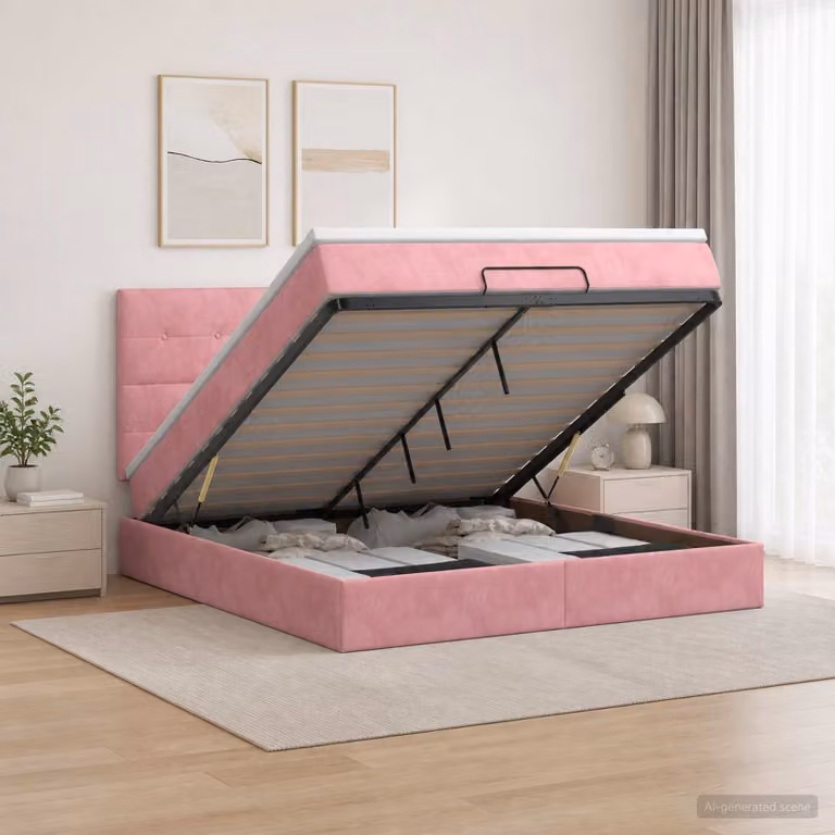 Letto ottomano con materasso vidaXL in velluto rosa, L/P/H: 180 x 200 x 88 cm