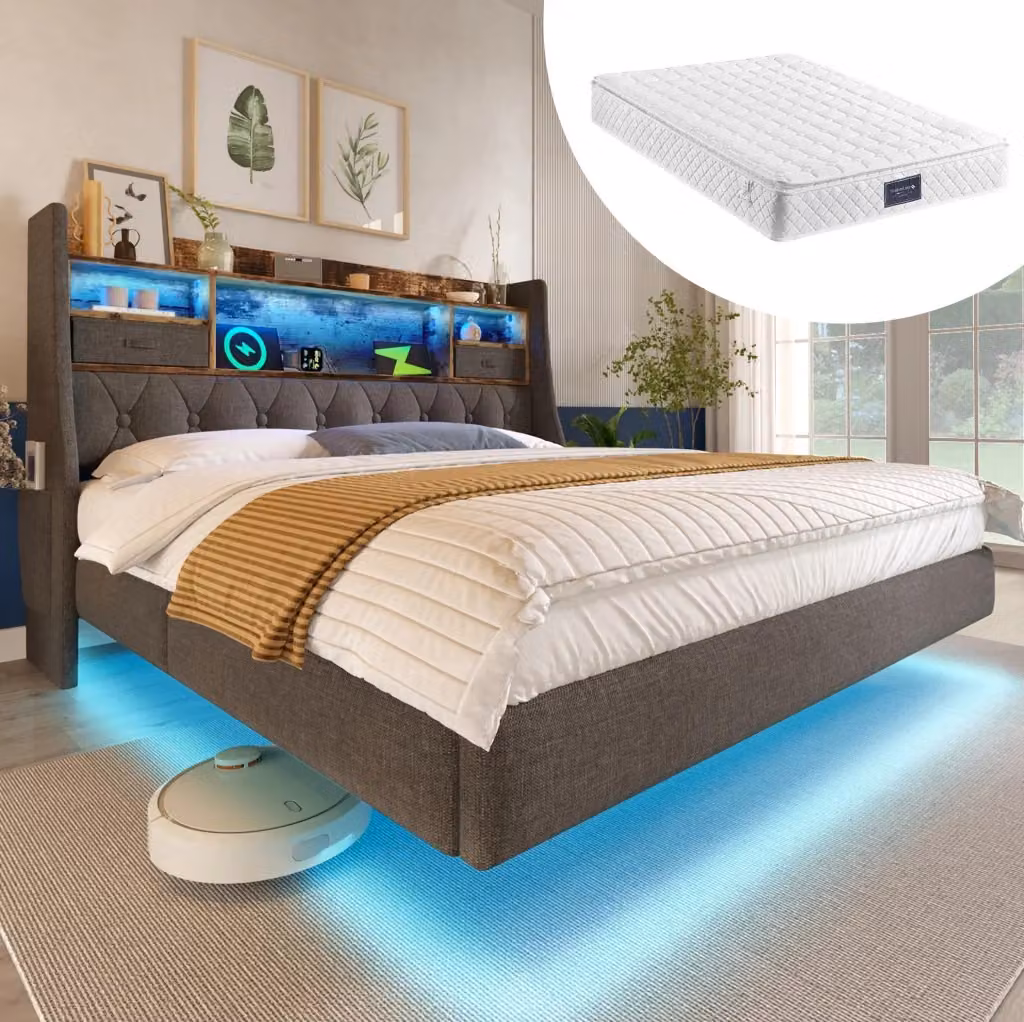 Letto matrimoniale MODFU in tessuto grigio con illuminazione LED, porte USB e contenitore nella testiera, L/P: 160 x 200 cm – 2